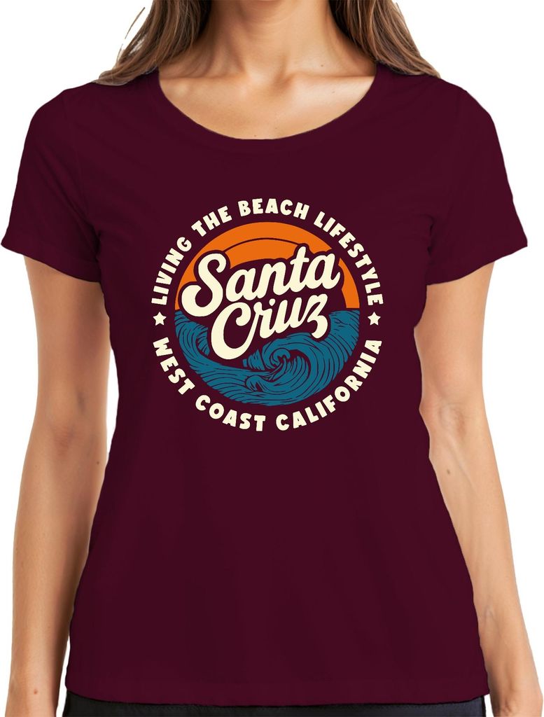 Santa Cruz Kalifornien Westküste Surfen Wellen Retro Strandleben Damen T-Shirt, Burgundy, L
