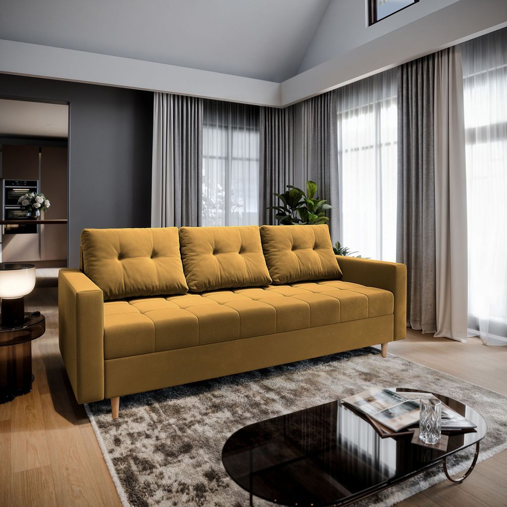 Sofa MILO Gelb Plüsch-Stoff mit Schlaffunktion, Sofa mit Bettkasten, Sofa mit Bettkasten, Wohnzimmersofa, Couch, Soffa, Bettsofa, Couchgarnitur- G...