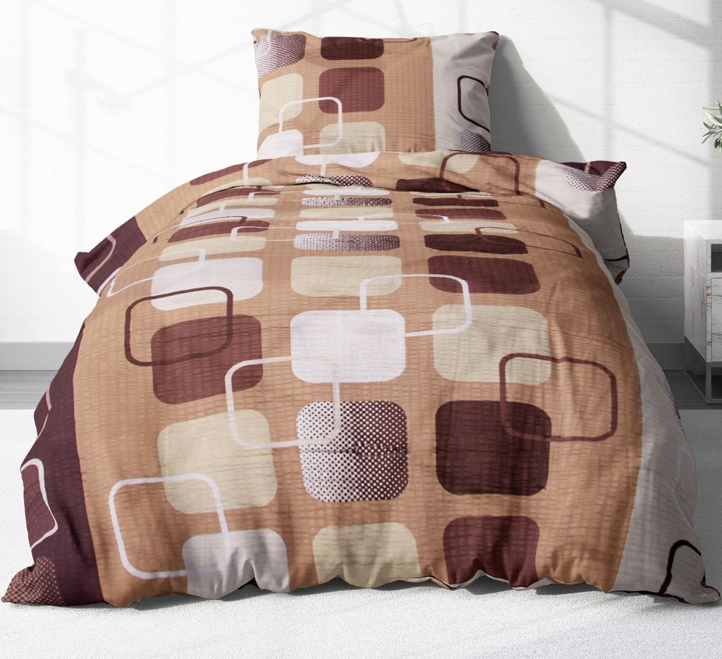 2-teilige Seersucker Bettwäsche 135x200cm und 80x80cm - Kariert Design Gemustert in Braun - Bettgarnitur aus 100% Baumwolle, bügelfrei (S-396/5)