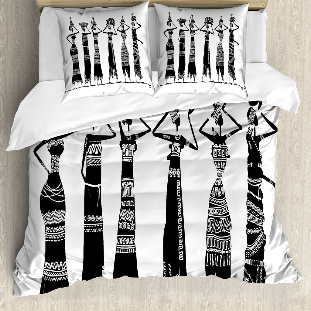 ABAKUHAUS afrikanisch Bettbezug, Frauen Krug Kleid, Milbensicher Allergiker geeignet mit Kissenbezügen, 200 cm x 200 cm - 80 x 80 cm, Schwarz und ...