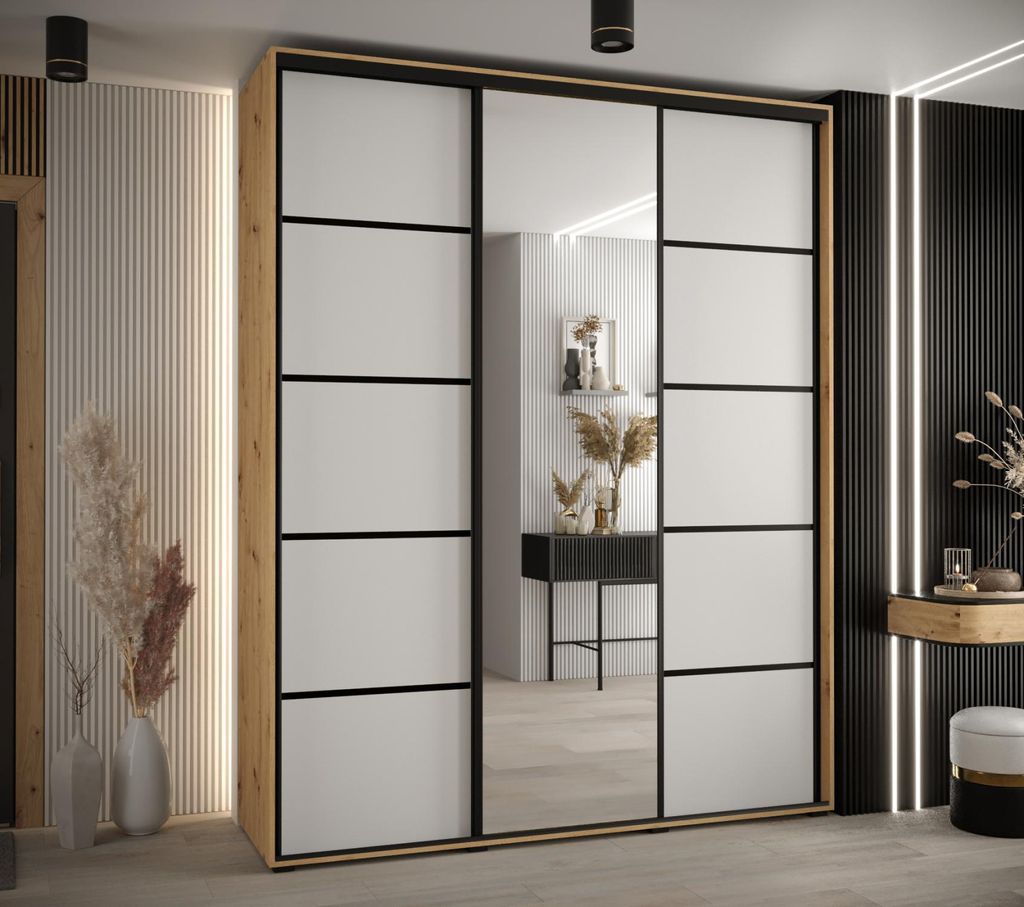 Kleiderschrank YVONA 5 - 190/45 cm, Eiche handwerklich / weiß / schwarz