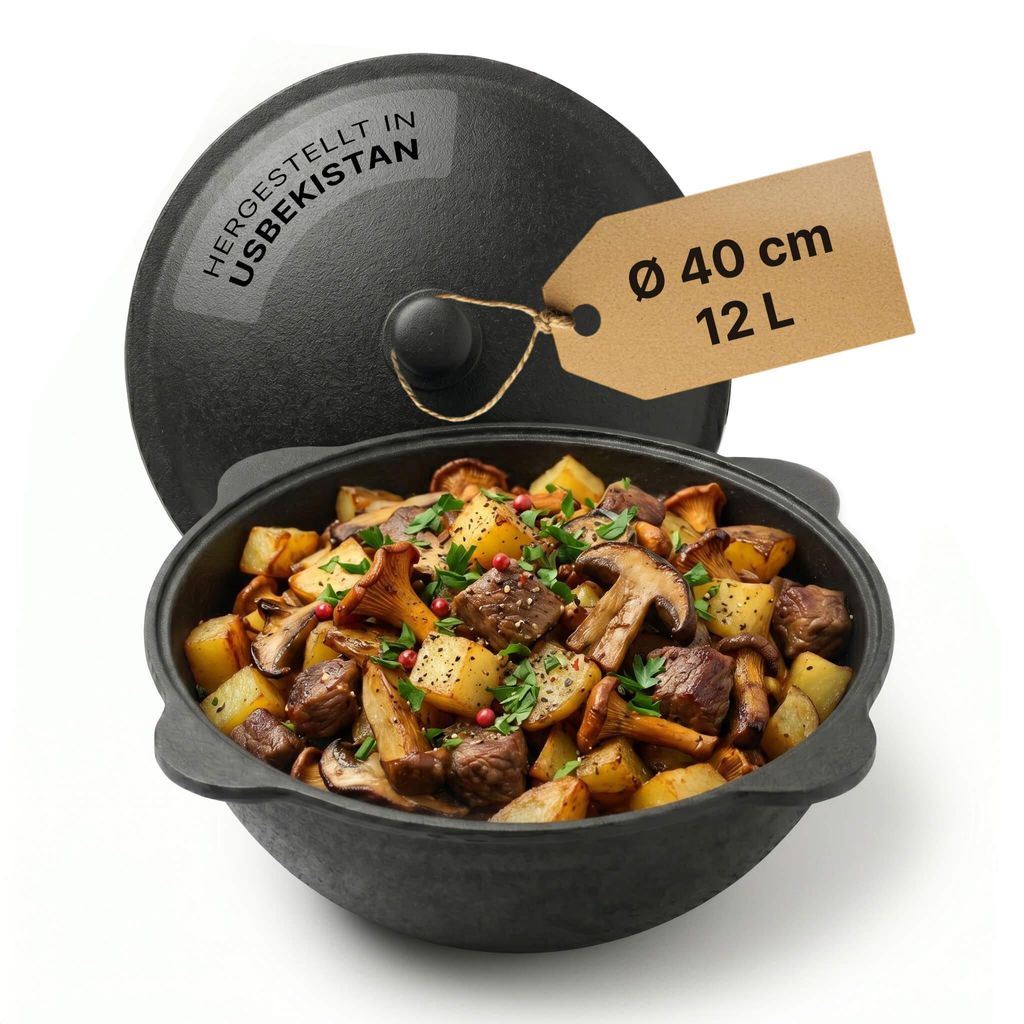 Kazan Gusseisen 12 L mit Deckel – Original Uzbekischer Kazan Namangan Dutch Oven Feuertopf für Camping Grill Outdoor Schwenktopf für Plov Wok E...