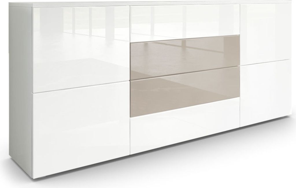 Vladon Sideboard Rova, Germany, Kommode mit 4 Türen und 4 Schubladen, Weiß matt/Weiß Hochglanz/Sandgrau Hochglanz (166 x 72 x 35 cm)