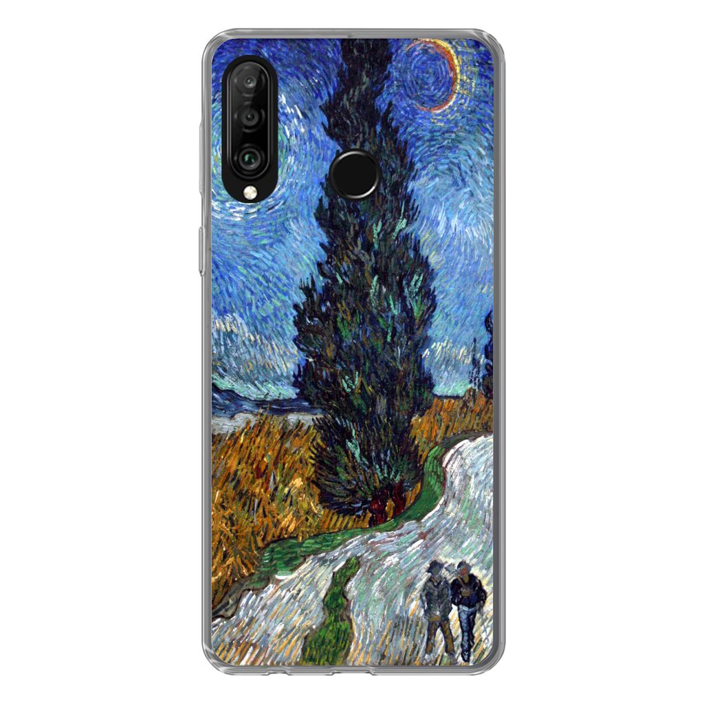MuchoWow Handyhülle Schutzhülle Hülle für Huawei P30 Lite Straße mit Zypresse und Stern - Vincent van Gogh Silikon Softcase Handy Hülle - H...
