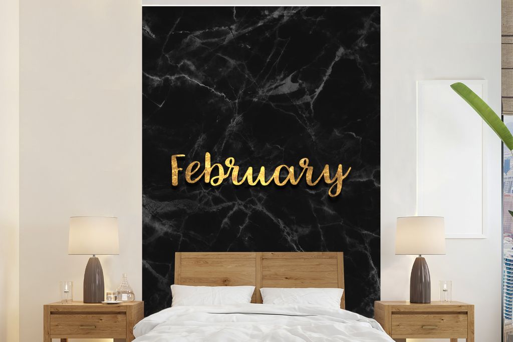 MuchoWow Fototapete für Wohnzimmer oder Schlafzimmer Wandtapete Vinyl Motivtapete Kalender - Februar - Gold - Marmor - 160x240 cm - Vinyltapete