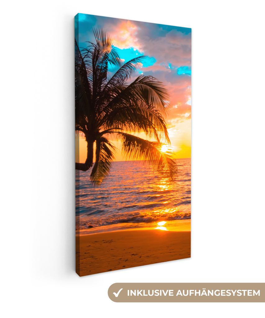 MuchoWow - Leinwandbilder - Palme - Sonnenuntergang - Horizont - Strand - Meer - Tropisch, Wandbild, Wanddeko Bilder Wohnzimmer, 40x80 cm