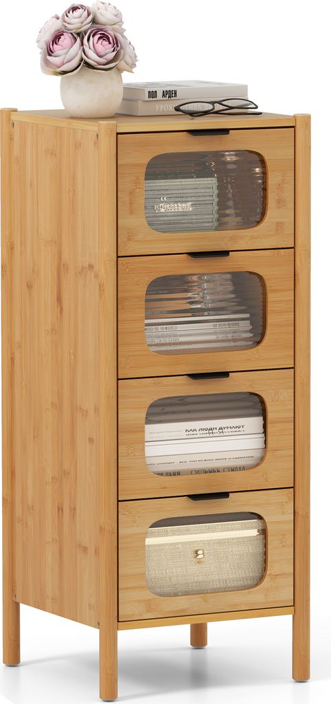 COSTWAY Kommode mit 4 Schubladen, Bambusschrank mit geriffelten Schubladen aus gehärtetem Glas, modernes Schubladenregal natürlich