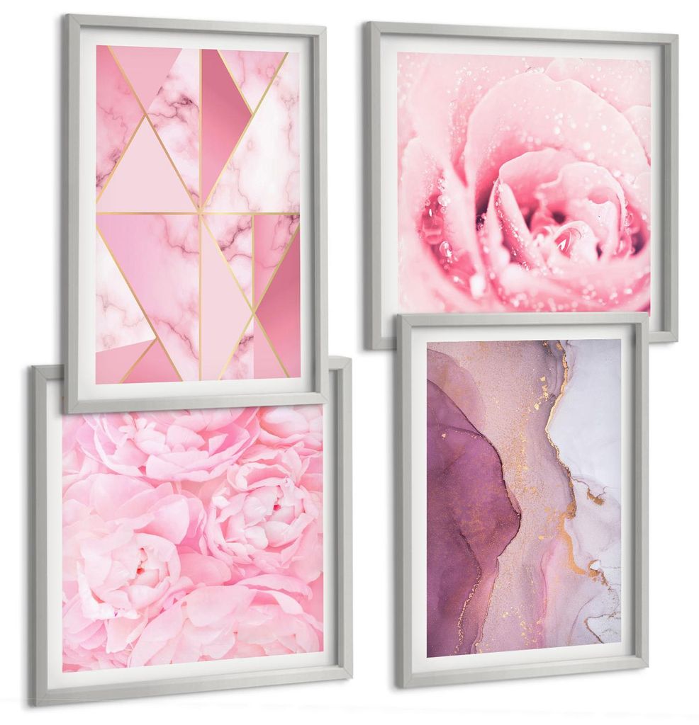 Bilder Set 4-teilig im silbergerahmten Rahmen – Wandbilder 4 Stück – gerahmte Poster für Wohnzimmer, Schlafzimmer und Flur – 50x50 cm - 40x...