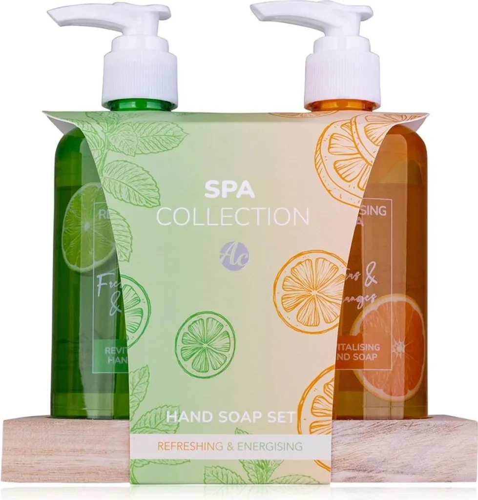 Duo de savon liquide mains avec plateau bois design agrumes et menthe
