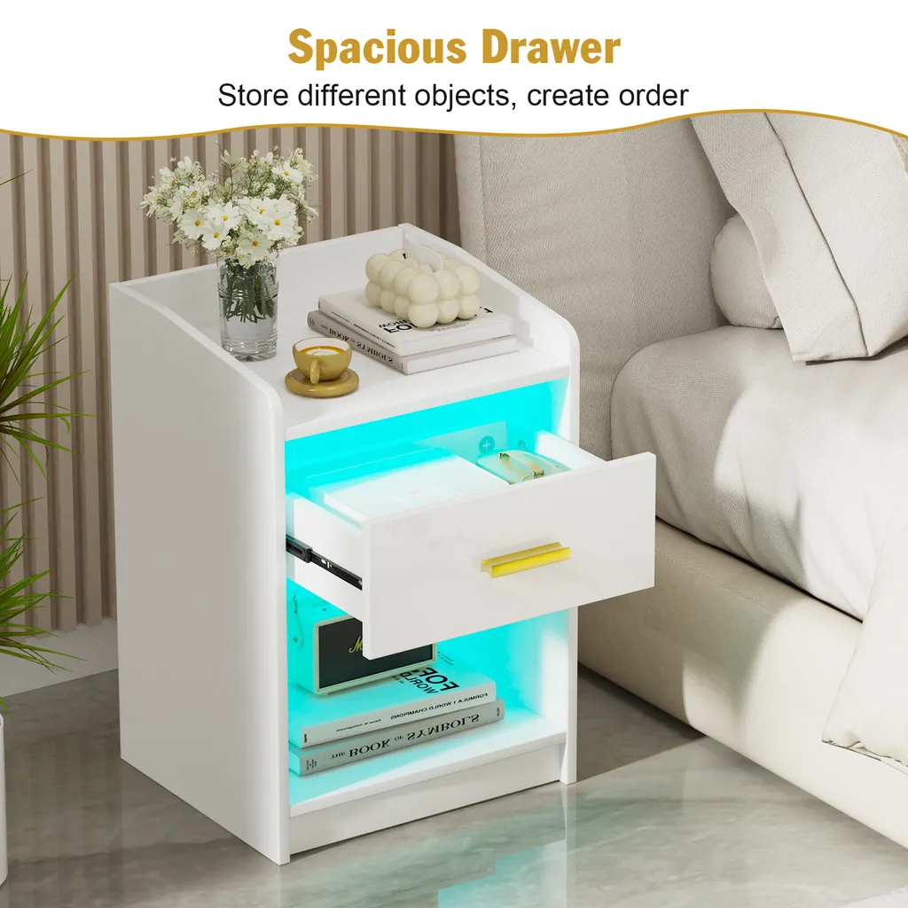 Table de nuit avec éclairage LED connecté et rangements ouverts blanche
