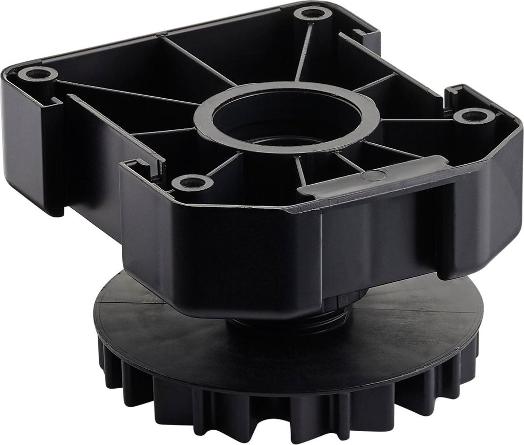 A black plastic adjustable base foot for furniture.