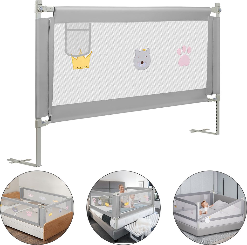Clanmacy Bettgitter Kinder Bettschutzgitter Höhenverstellbar 150cm Rausfallschutz Bett für Kinder, Kinderbettgitter mit luftiges Netz, für Famil...