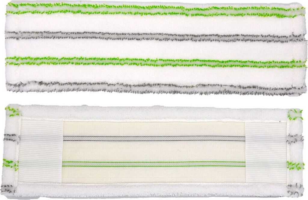 Two microfiber mop pads are shown, one above the other. The top pad is shown from the front, and the bottom pad is shown from the back.