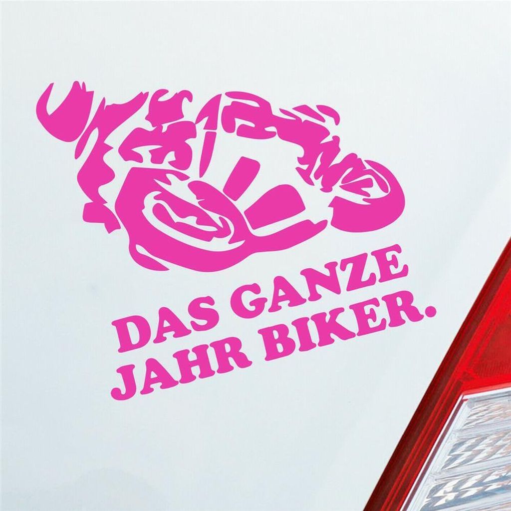 Auto Aufkleber Motorrad Das ganze Jahr Biker Moped Bike Mopped 12x10 cm Pink Sticker Heckscheibenaufkleber