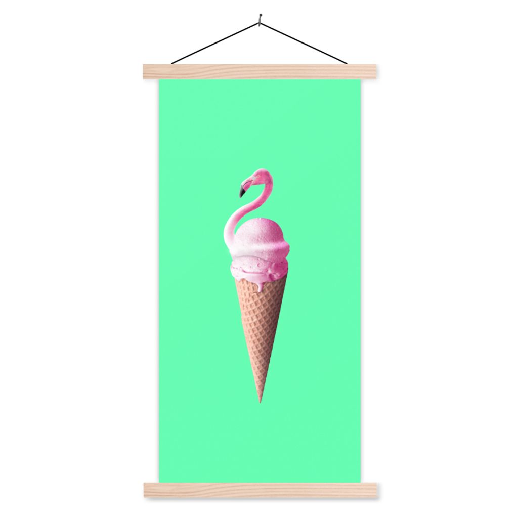 MuchoWow Textilposter Eistüten - Eiscreme - Flamingo - Rosa - Grün 60x120 cm mit holzfarbenen Rahmen - Holz