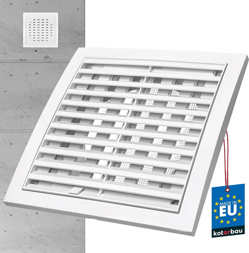 KOTARBAU Lüftungsgitter 200 x 200 mm Rund Ø150 mm Verschließbar Abluftgitter Kunststoff mit Insektenschutz Abschlussgitter Rechteckig Weiß La...