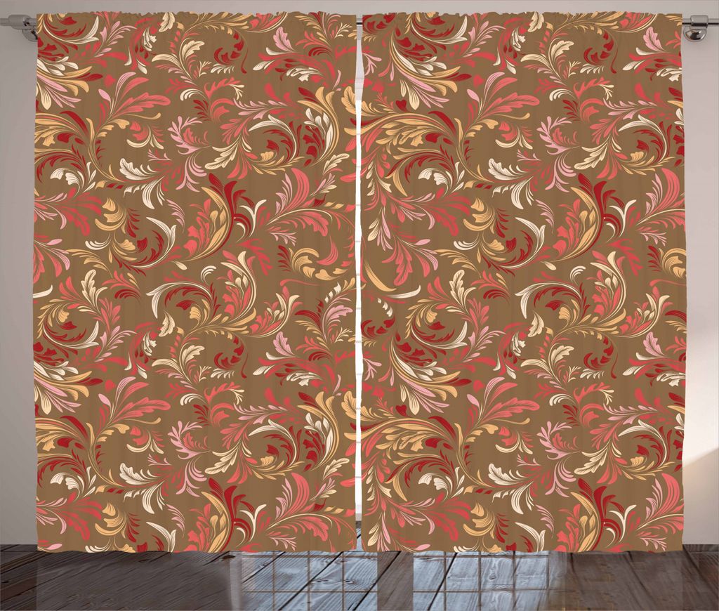 ABAKUHAUS Rot und Braun Rustikaler Vorhang, Victorian Klassische Blätter, Wohnzimmer Universalband Gardinen mit Schlaufen und Haken, 280 x 245 cm,...