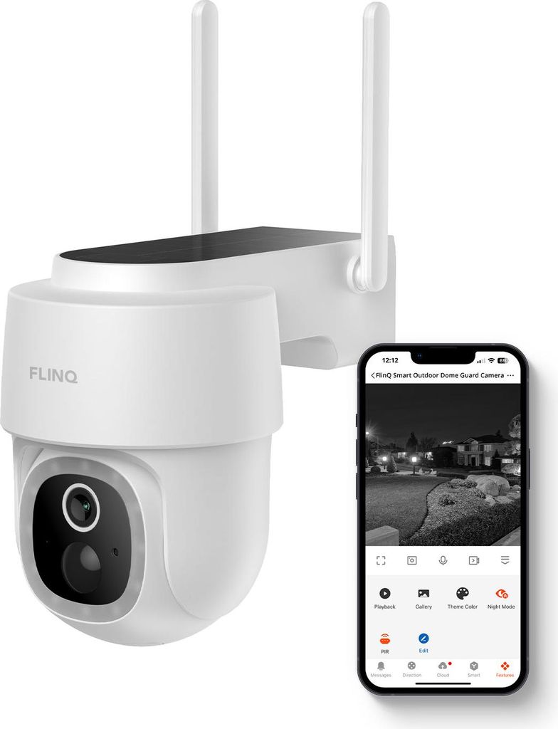 FlinQ Smart Sicherheitskamera Dome Guard – Außenkamera mit Solar & USB – 2K HD, Nachtsicht, Schwenk- & Neigefunktion, IP65