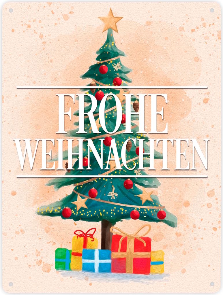 Weihnachtsbaum mit Geschenken Metallschild XXL in 28x38 cm mit Text