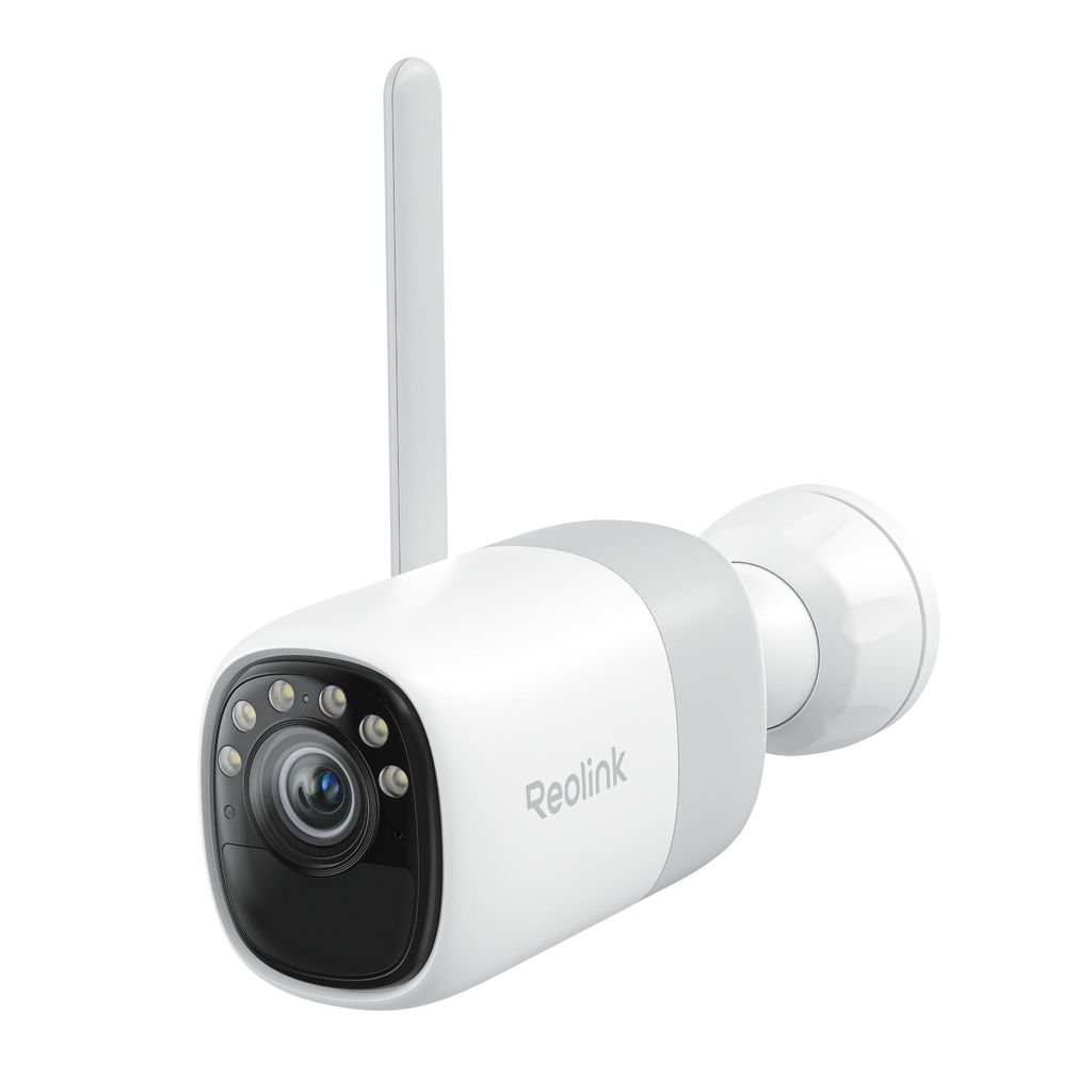 A white and gray Reolink security camera with an antenna is shown against a white background.