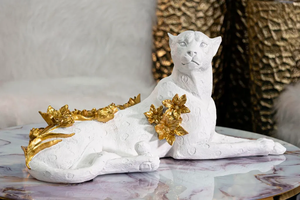 Grande Décoration Léopard Blanc et Or 53 cm pour Buffet et Console