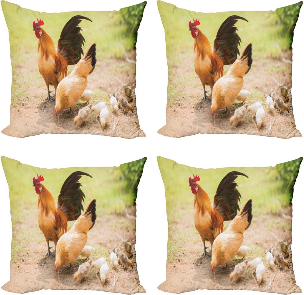 ABAKUHAUS Henne und Küken Kissenbezug Set (4 Stück), Huhn-Familien-Foto, Moderner Doppelseitiger Digitaldruck, 50 cm x 50 cm, Mehrfarbig