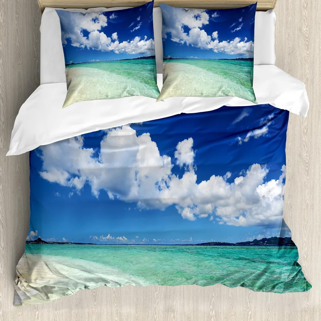 ABAKUHAUS Copripiumino Ocean, Insel Sealife Sunny a forma di onda, antiacaro, adatto a chi soffre di allergie, con federe, 155 cm x 220 cm - 80 x 80 cm, blu crema verde acqua
