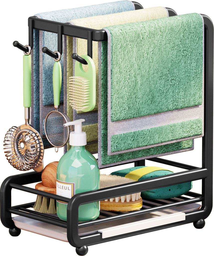 Kuechenspuele Caddy Organizer Kohlenstoffstahl zur Wand- oder Arbeitsplattenmontage, Handtuchhalter, Schwammhalter mit herausnehmbarer Abtropfschal...