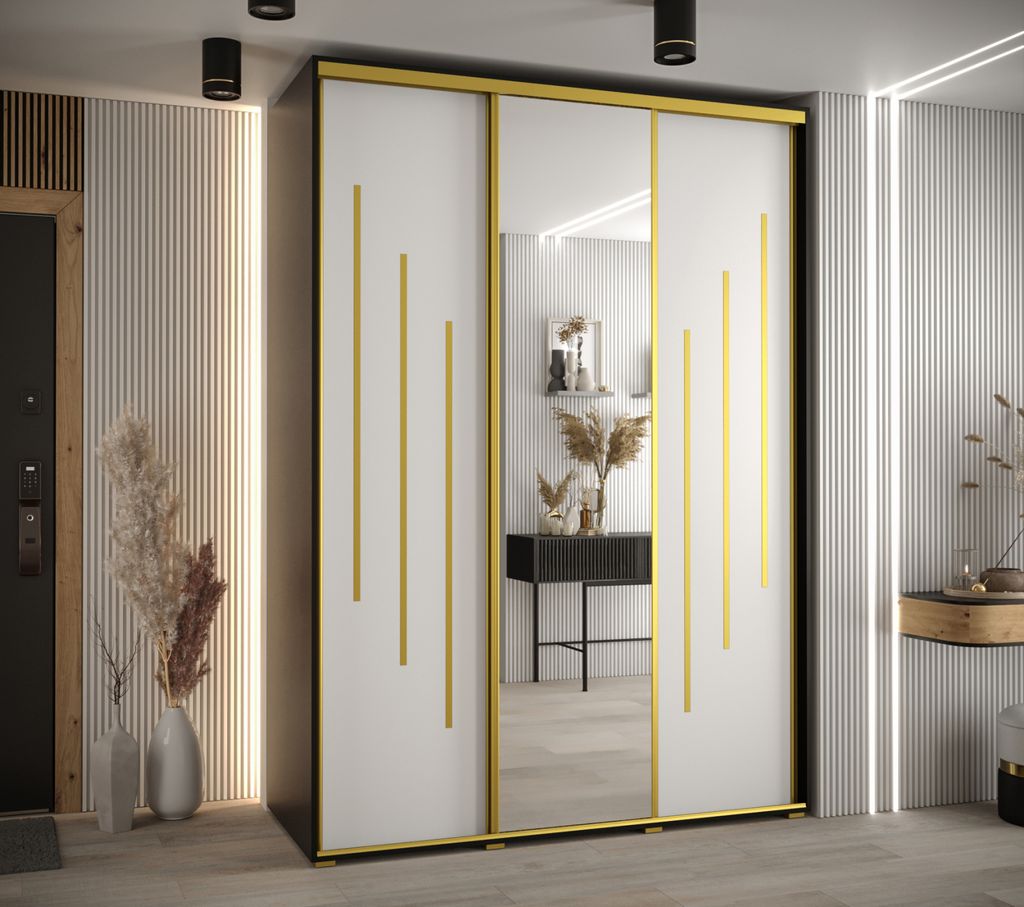 Kleiderschrank YVONA 9 – 170/60 cm, schwarz/weiß/gold