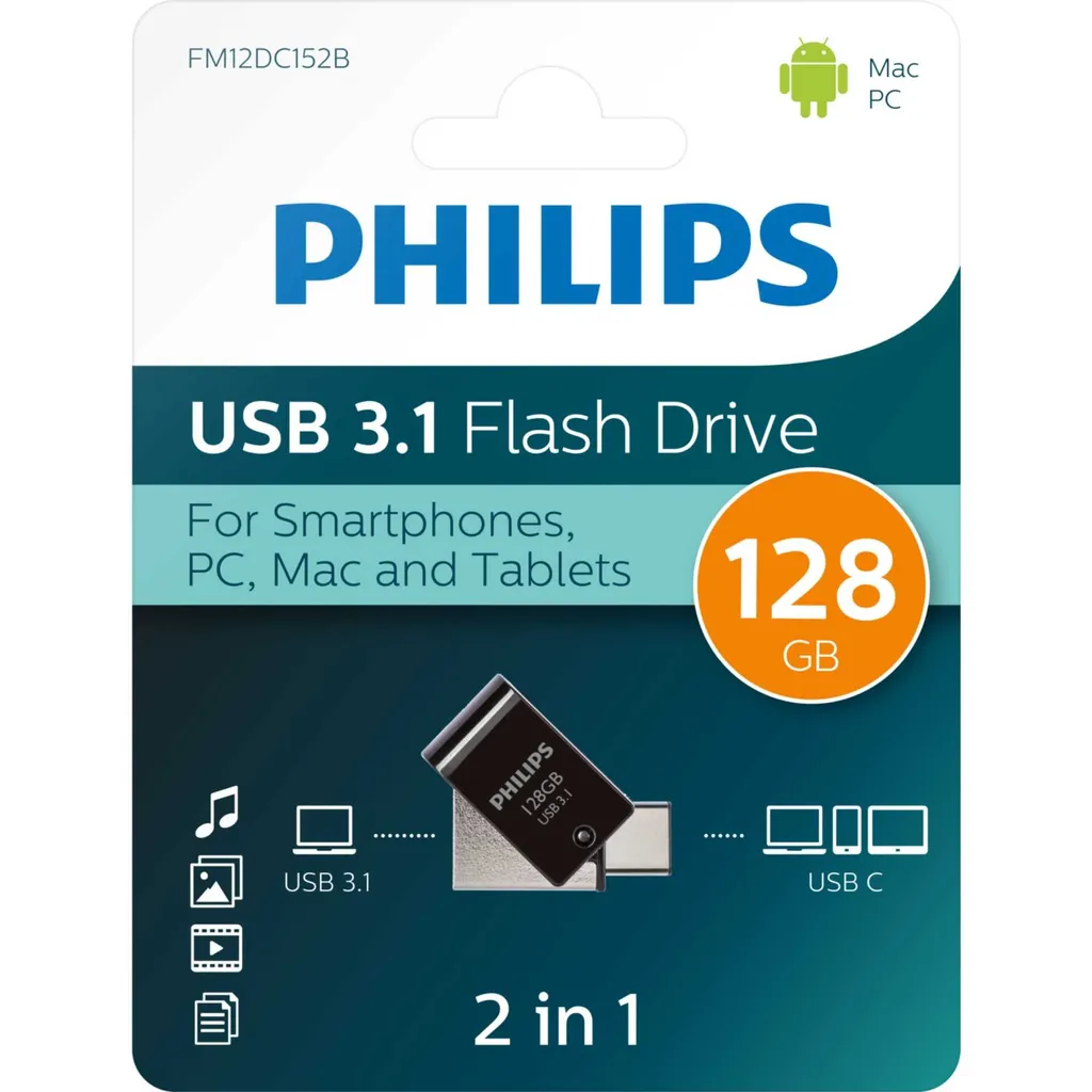 Clé USB C Philips 128 Go OTG USB 3.1 Noir pour Libérer Espace Smartphone