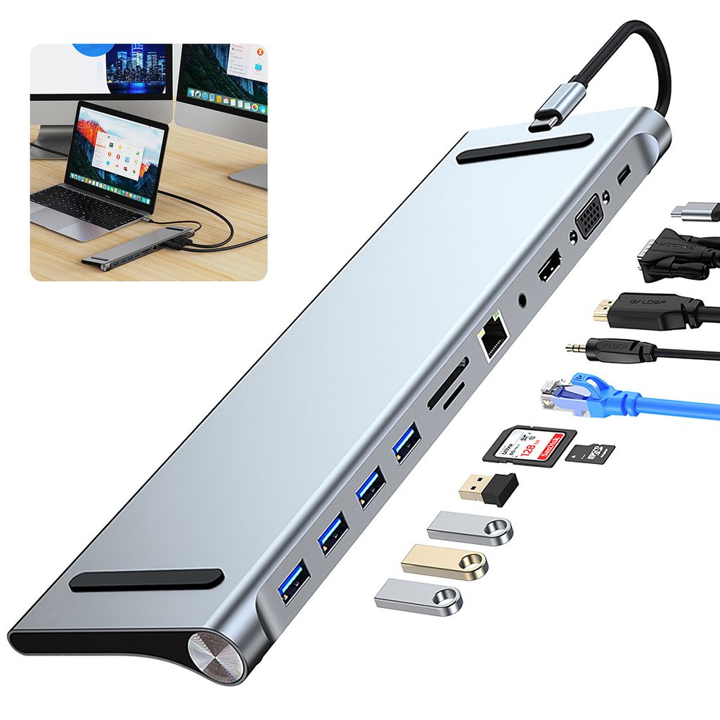 Hubs, 11-in-1 Docking Station USB C Hub, USB C Adapter für 3 Displays HDTV 4K, VGA, USB 3.0/2.0, USB C,SD/TF Kartenleser, Ethernet, PD 100W