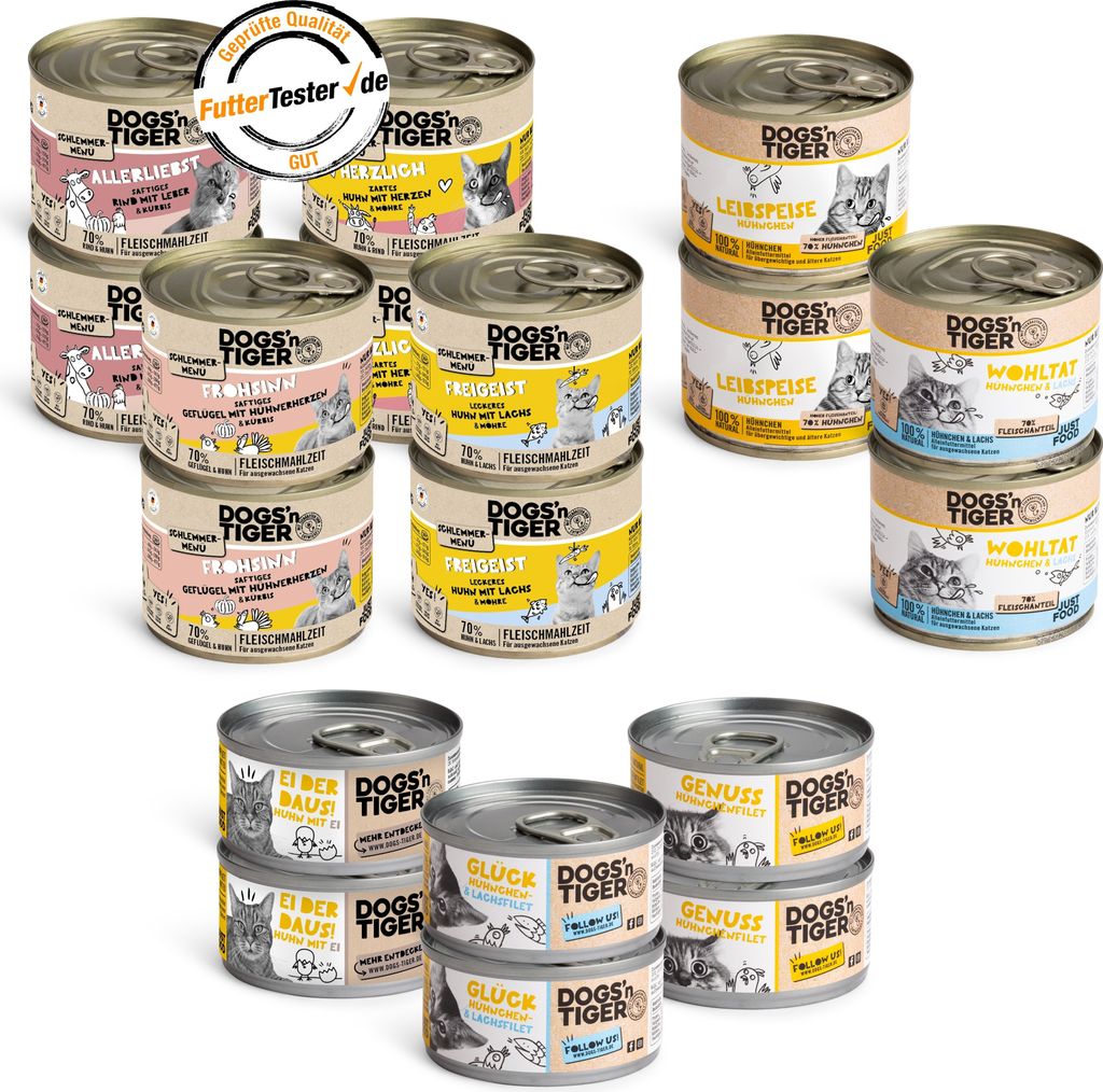 Dogs’n Tiger Adult Katzenfutter, Nassfutter, Getreidefrei, Mixpaket Lecker Hühnchen! Huhn, Lachs, Rind & Ei, 18 tlg.- Set