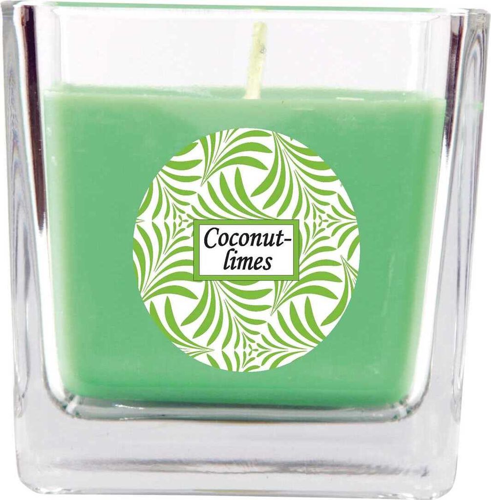 Duftkerze mit Schriftzug "Coconut-Limes" im Viereck Glas, Produktbild 