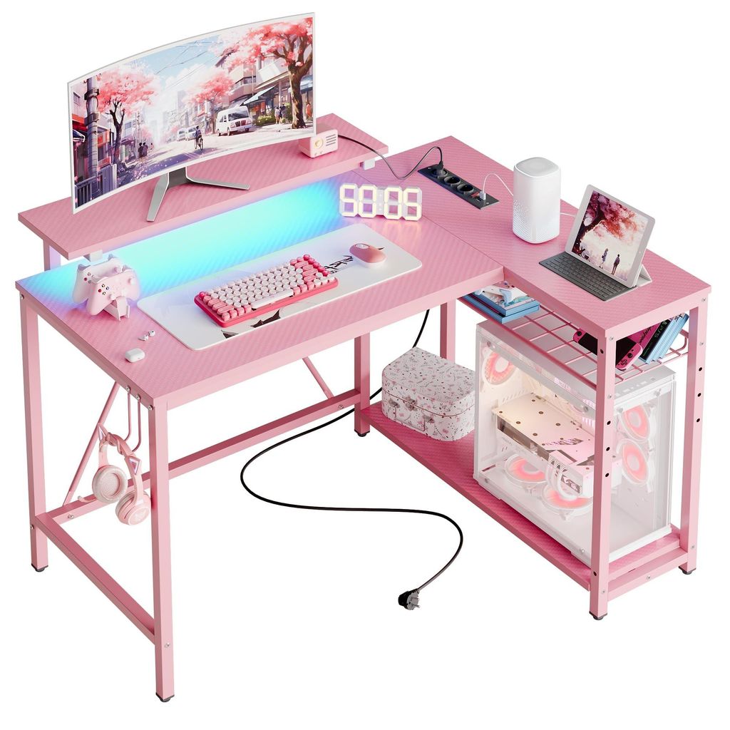 L-vormige bureau met stalen frame en hoofdtelefoonhouder Productafbeelding 