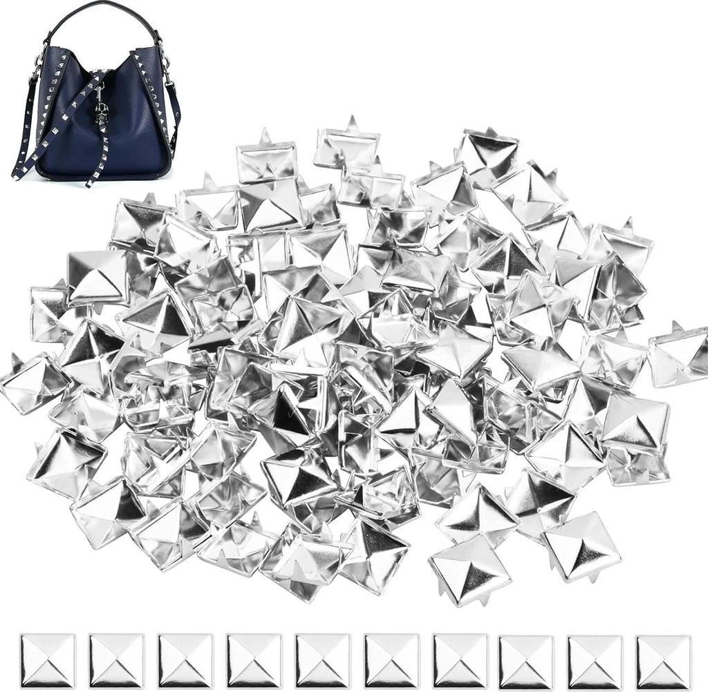 Quadratische Metallnieten 100 Stück 8mm Nieten für Leder, Pyramiden-Spike-Nieten, DIY Punk-Nieten, für Taschen, Lederband, Mäntel, Handschuhe (...