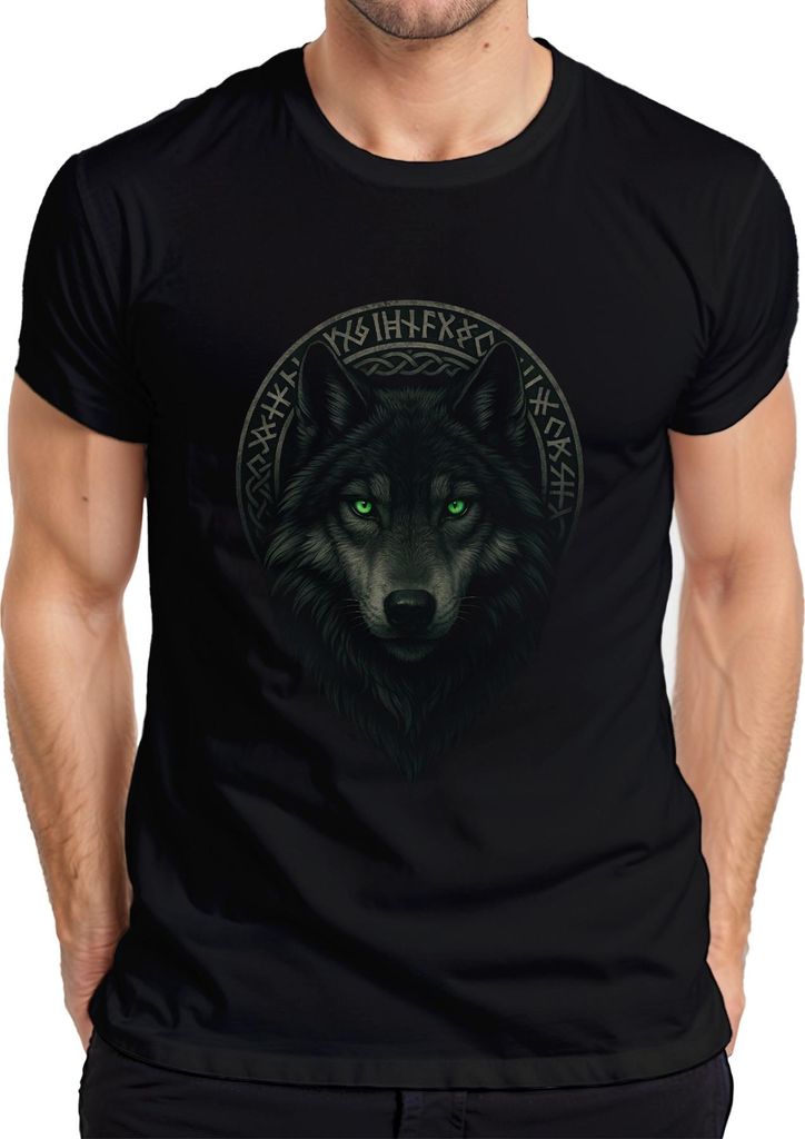 Wolfkopf Runenkranz Nordischer Wolf Mystik Gothic Fantasy Viking Herren T-Shirt, Schwarz, XXL