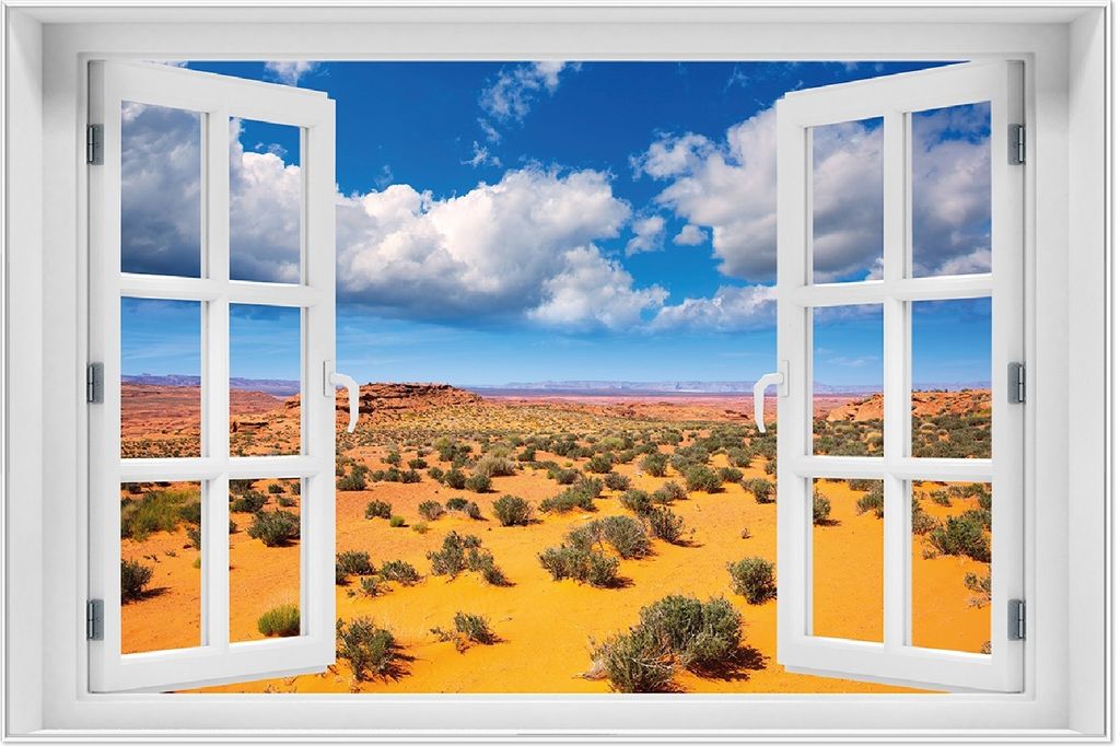 Wallario Wandbild mit Fenster-Illusion: Wüste in Arizona - blauer Himmel mit Wolken I, Größe: 61 x 91,5 cm, Poster mit weißem Aluminiumrahmen