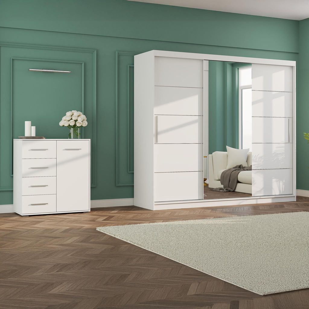 Schwebetürenschrank 250 cm Alba in Weiß/Weiß mit Spiegel, inkl. Kommode Frida 90 cm
