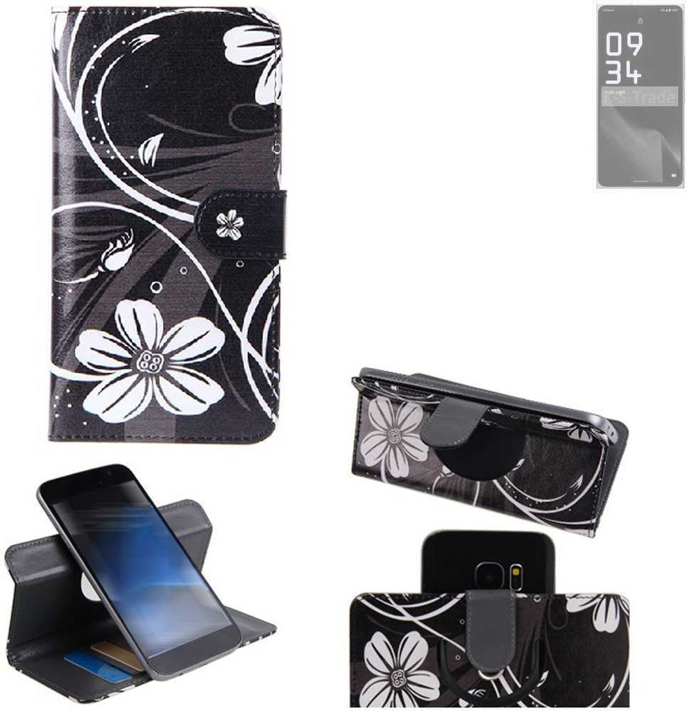 K-S-Trade Schutzhülle Handyhülle kompatibel mit Leica Leitz Phone 2 Hülle 360° Wallet Case “Flowers“ Klapphülle Hülle schwarz-weiß 1x