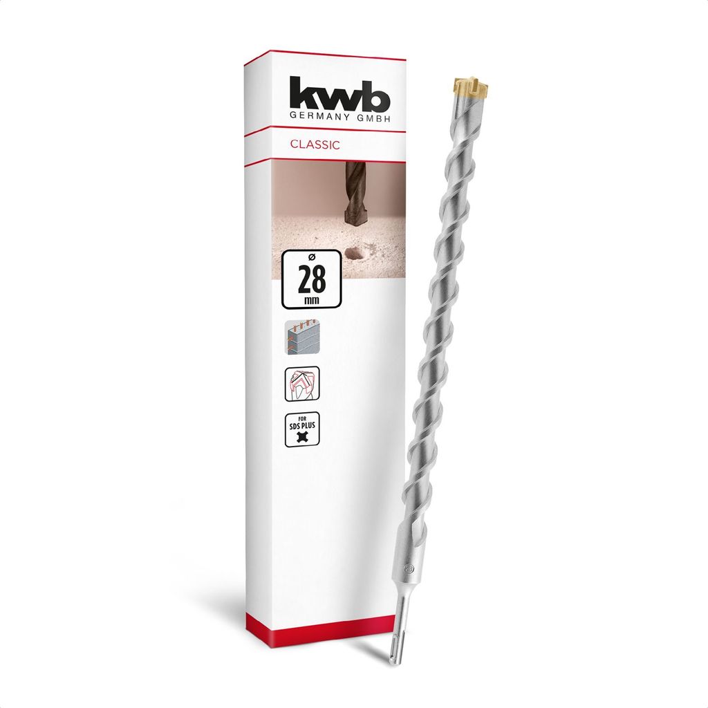 kwb SDS Plus Bohrer, SDS Plus Hammerbohrer (Ø 28 mm x 460/400 mm, mit extrem schneller Hartmetall 4X-Schneide, für armierten Beton, Stein & Mauer...