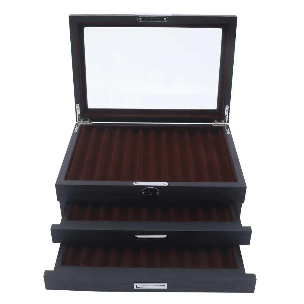 Coffret 3 Niveaux 34 Stylos Bois Noir - Vitrine Sécurisée Élégante