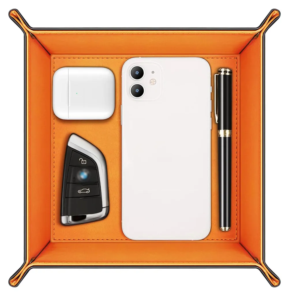 Boîte de rangement bicolore en simili cuir avec intérieur orange vif doux