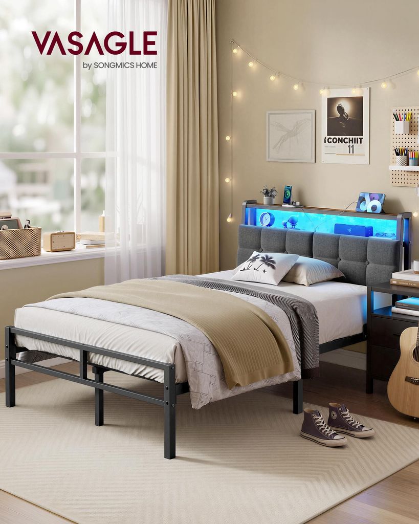 VASAGLE Metallbett 120 x 200 cm mit LED-Beleuchtung, Produktbild 