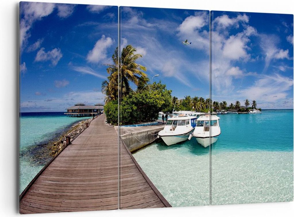 Bild auf Leinwand - Leinwandbild - Maledische Insel Archipel Ozean Hütte - 165x110cm - Wand Bild - Wanddeko - Leinwanddruck - Bilder - Kunstdruck ...