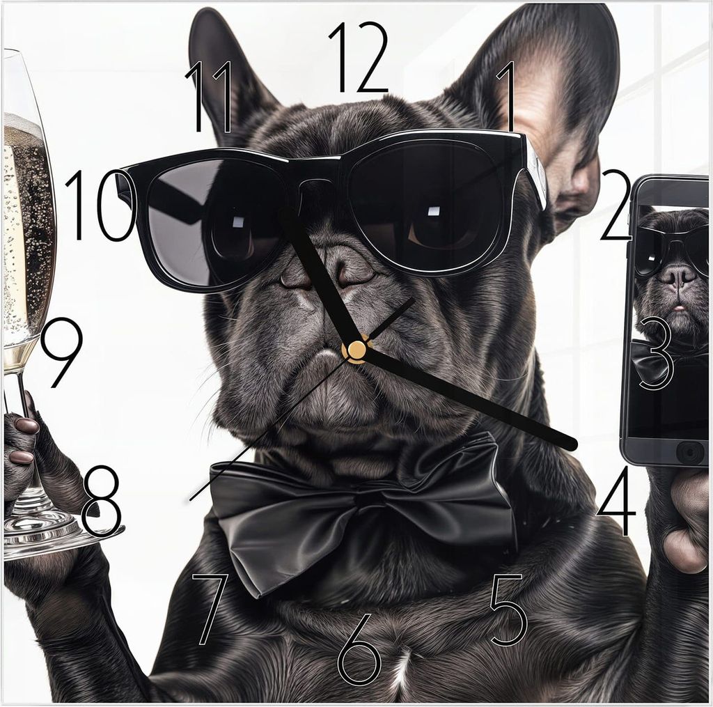 Wanduhr aus Glas mit Motiv Sonnenbrillenhund- 30 x 30 cm - inkl. Aufhängesystem