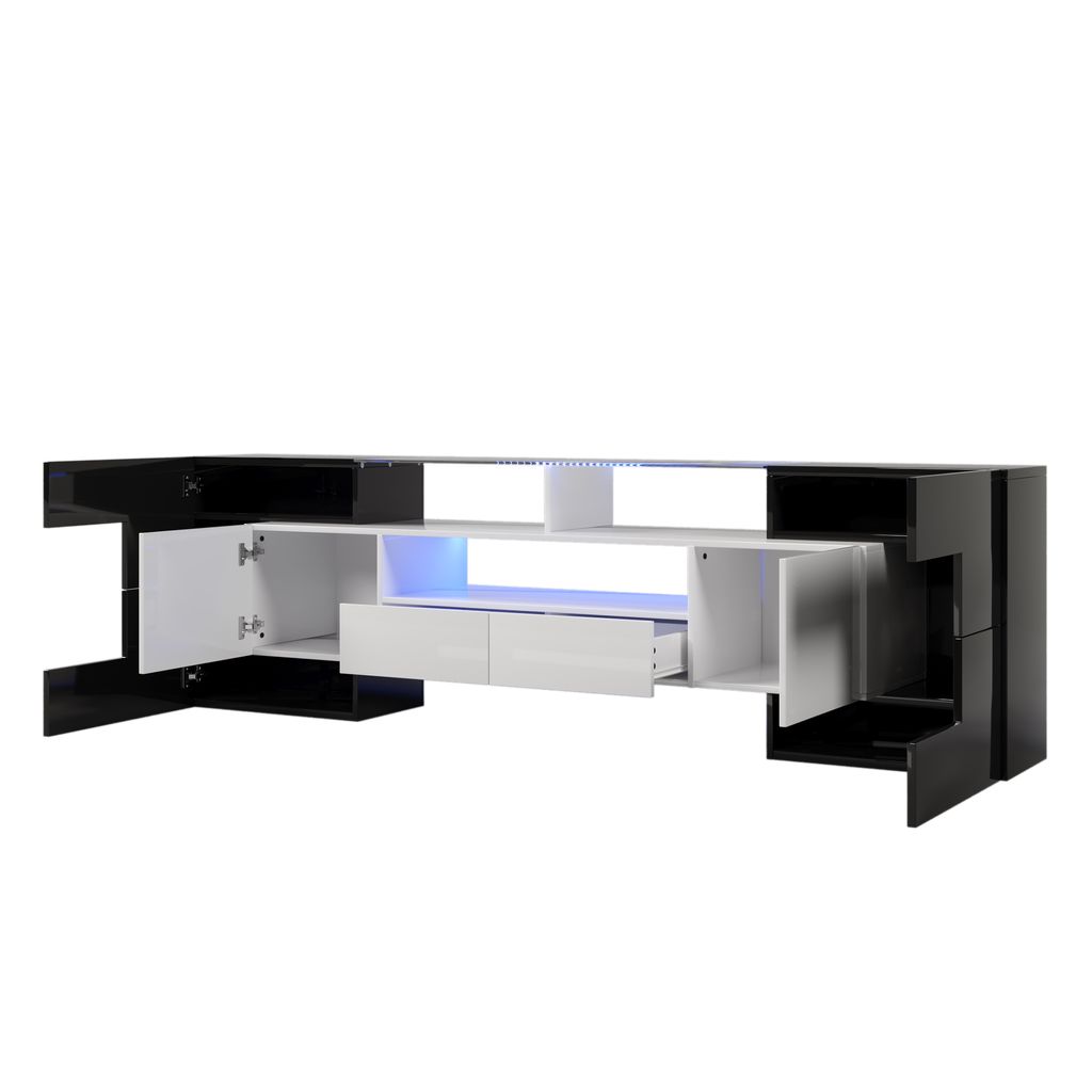 Stilvoller TV-Schrank, niedriges Panel. Hochglanz-Weiß und Schwarz, 200 cm, LED-Beleuchtung Wohnzimmermöbel, Modernes Design, Schwarz, 33,5 cm, 6...