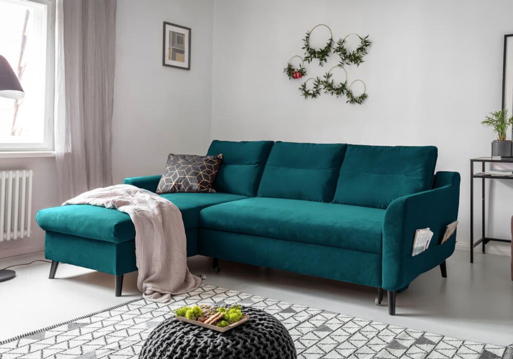 MIUFORM Stylish Stan Velours - Ecksofa mit Bettfunktion - 224x148cm - Türkis - L-Form Links - Schlafsofa Couch