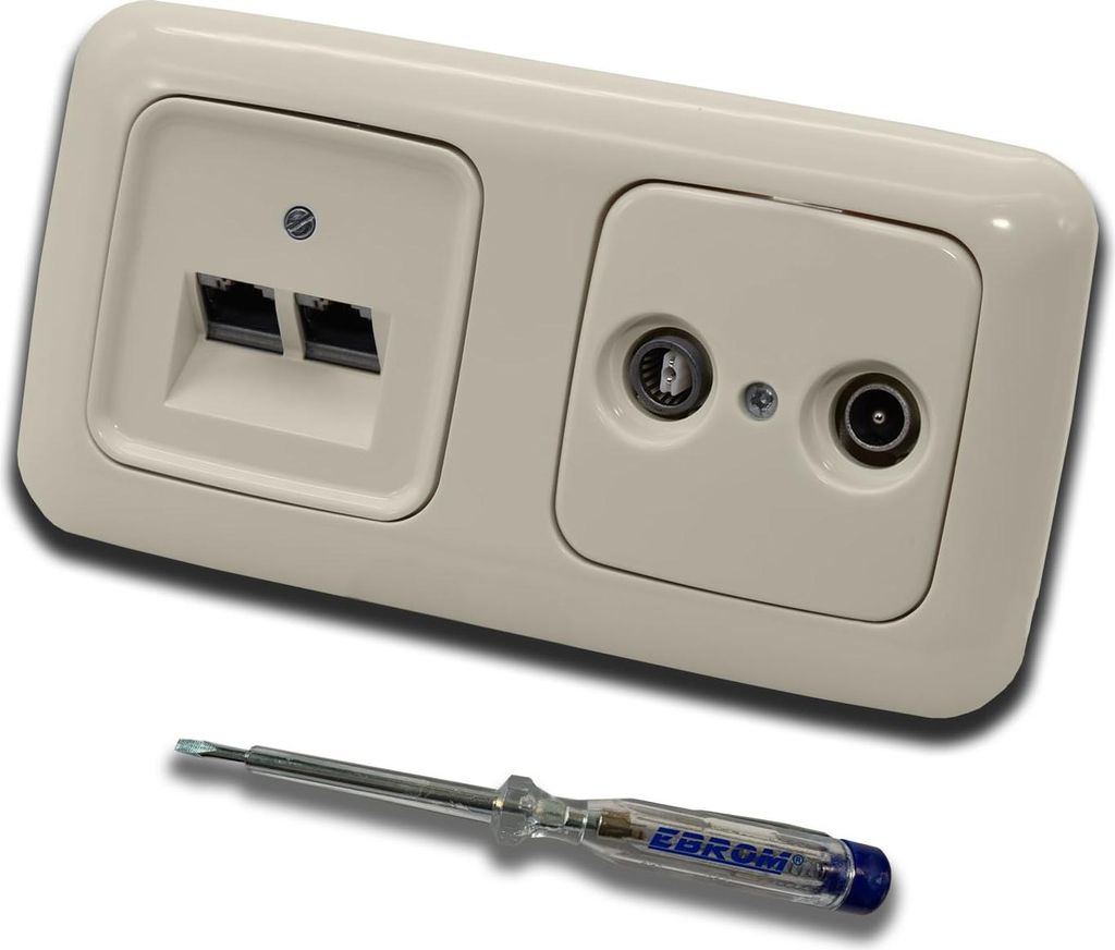 Busch Jäger, Rutenbeck Unterputz Netzwerkdose 10 Gigabit/S (10GbE) KAT6A 6A 2 x RJ45 Anschluss + WISI 2-Loch Durchgangsdose im BJ DUR2000 cremewei...