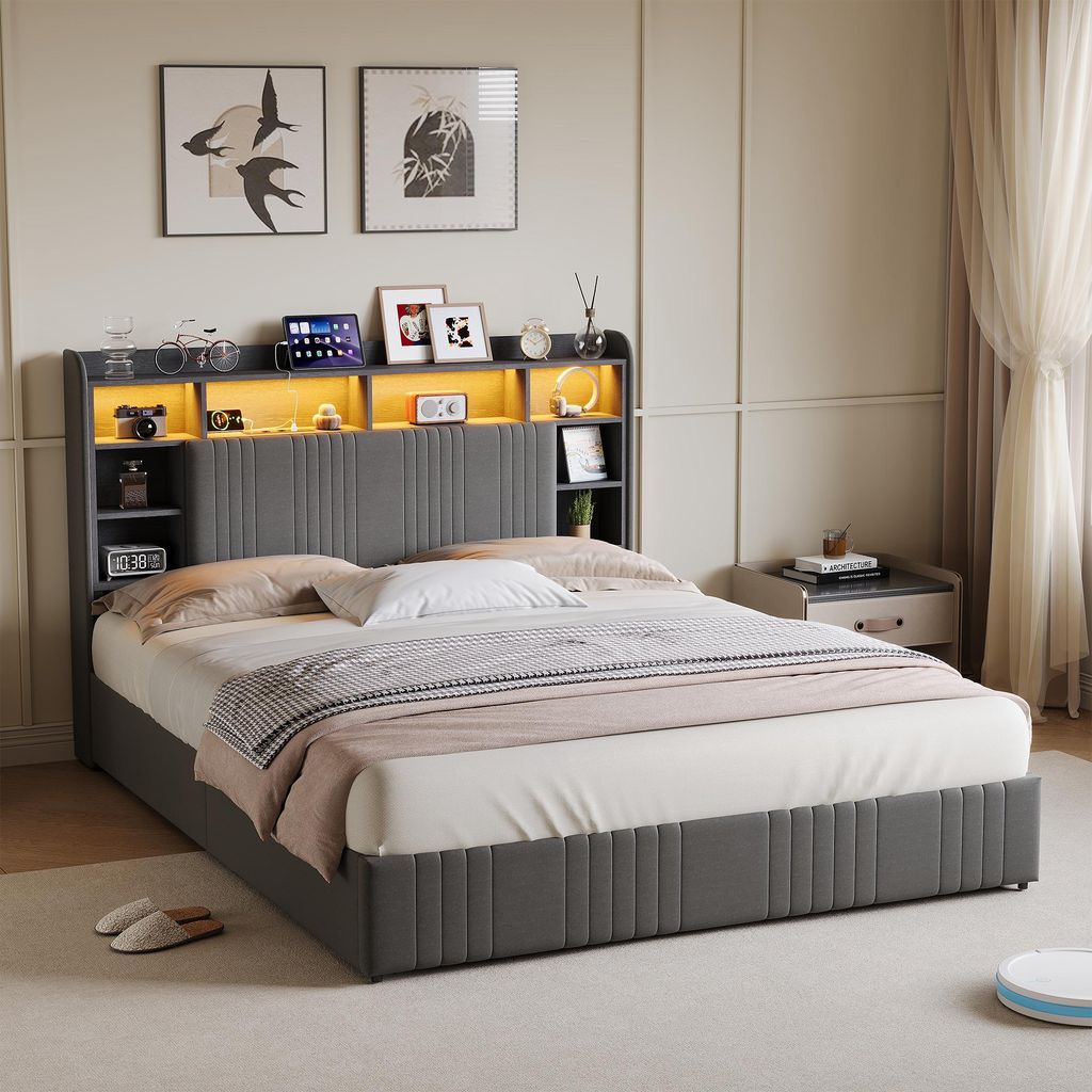 Bett 160x200cm Leinen Grau, 2 Schubladen, RGB LED, Kopfteil mit Stauraum & Ladestation