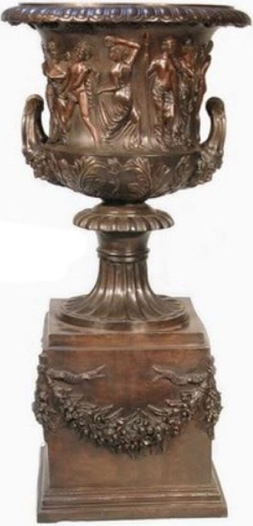 Casa Padrino Luxus Barock Deko Bronze Vase auf Säule Ø 58 x H. 117 cm - Prunkvoller Bronze Pflanzenkübel - Barock Wohnzimmer Deko - Barock Garte...